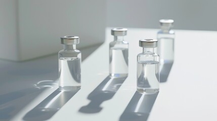 Four transparent glass vials standing upright in a pristine, bright environment, casting clean shadows on the white surface.