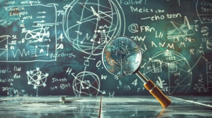 Magnifying glass in front of chalkboard with complex equations