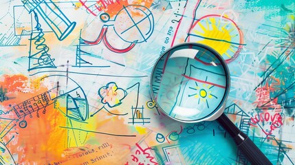 Magnifying glass on abstract scientific drawings and symbols