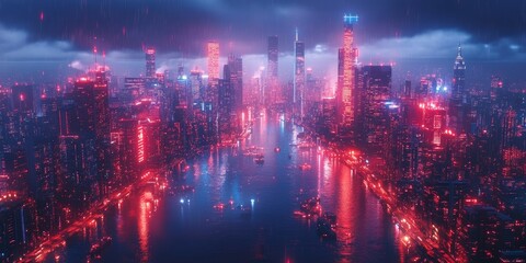 Fototapeta premium Futuristic cityscape, AI governance, digital control, holographic interfaces