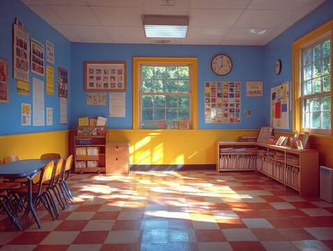 Early morning classroom setup with books and supplies, Monday morning, educational preparation