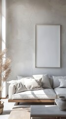 Minimalist Living Room with Low-Profile Sofa and Clean Interior Design Mockup
