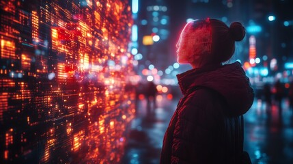 Obraz premium Futuristic urban landscape, AI integration, digital society, neon holograms