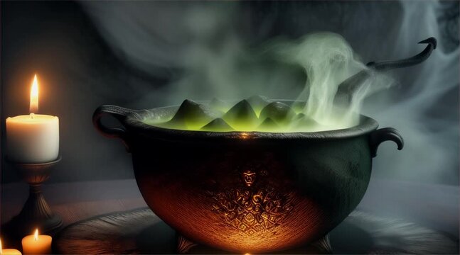 A witch&rsquo;s cauldron bubbling with green potion, surrounded by various spooky ingredients like eye of newt and bat wings. The camera zooms in to reveal the witch&rsquo;s hand stirring the pot.