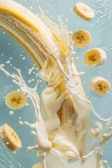 Obraz premium Fresh banana fruit with milk splash closeup macro view