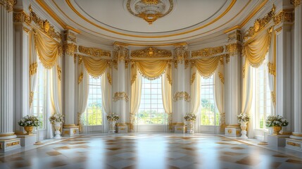 Fototapeta premium A Luxurious Room with Large Windows, White Walls, and Golden Accents