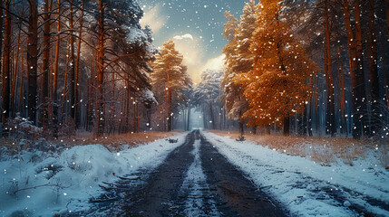 Golden hour sunlight illuminating a snow covered path leading through a winter forest with a dusting of snow