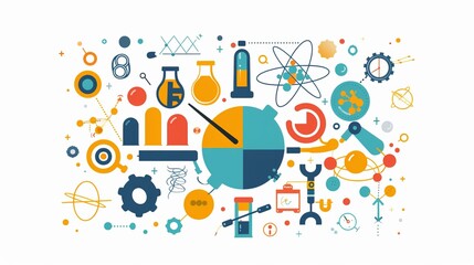 Scientific symbols and tools in a colorful abstract collage