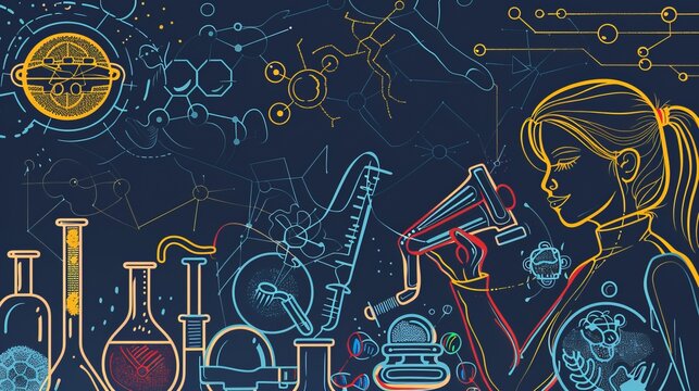 Lady scientist in a lab with bright scientific drawings.