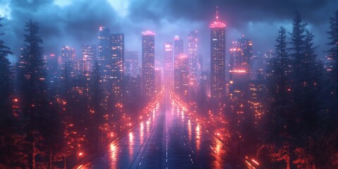 Obraz premium Futuristic AI metropolis, digital networks, advanced technology, holographic interfaces