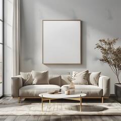 Minimalist Living Room with Sleek Coffee Table and Elegant Frame Mockup Interior