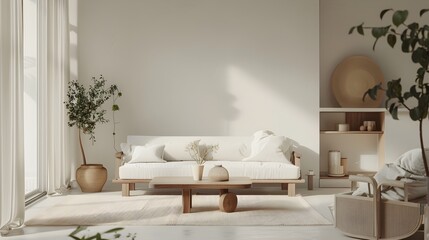 Minimalist Living Room with Sleek Coffee Table Home Mockup in 3D Render