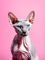 A cat with blue eyes is sitting on a pink background