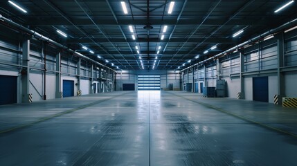 A spacious, well-lit warehouse with sleek metallic floors, high ceilings, and a large roller door in the distance, illuminated by evenly spaced fluorescent lights.