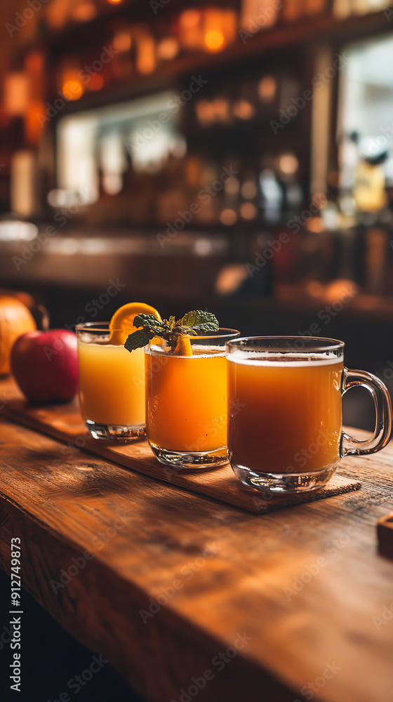 Poster Variety of Autumn Beverages on Wooden Bar with Cozy Decor  