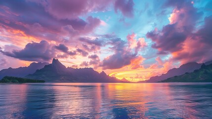 Splendid sunset with mountains and calm ocean waters