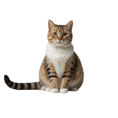 A cat with a white belly and black stripes sits on a white background. The cat has a curious expression on its face