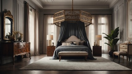 castle bedroom with canopy bed background vintage retro concept backdrop