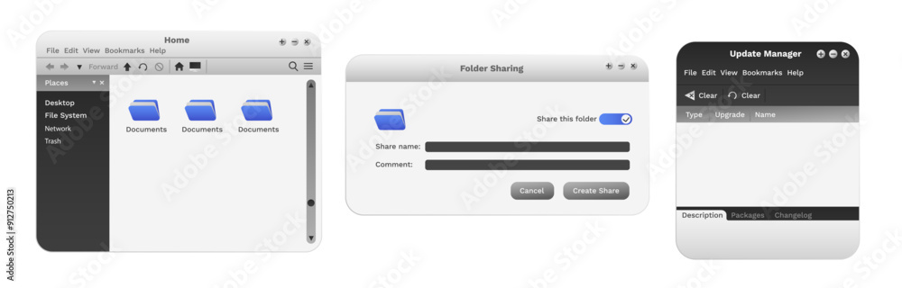 Poster set of digital system windows in blue color. modern explorer on computer. files sharing program.