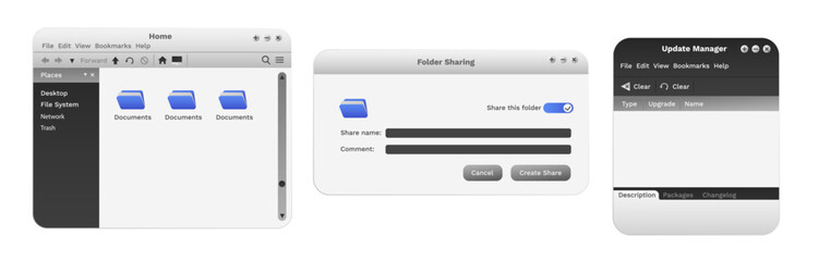 Set of digital system windows in blue color. Modern explorer on computer. Files sharing program.