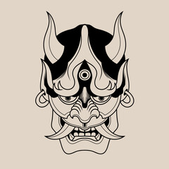Hand drawn traditional tattoo of a Japanese oni mask outline 4