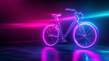 Futuristic Pedal Bicycle with Minimalist Design in Aluminum, Set against a Photo Studio Background with Neon Lighting. Captured in 4K Hyper Realism, Showcasing Excellent Detail and Sleek Aesthetics