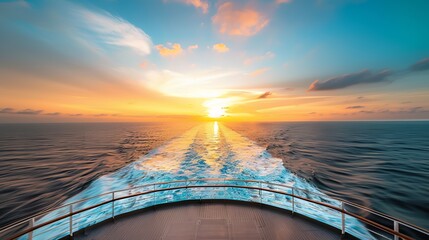 Ship sailing into horizon with beautiful sunset view