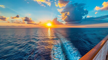 Back view of ship with sunset and ocean waves behind