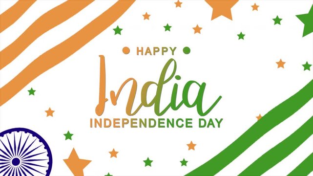 Happy India Independence Day Text Animation with waving flag background. Celebrate Happy India Independence Day on 15th August. Great for celebrating Happy India Independence Day.