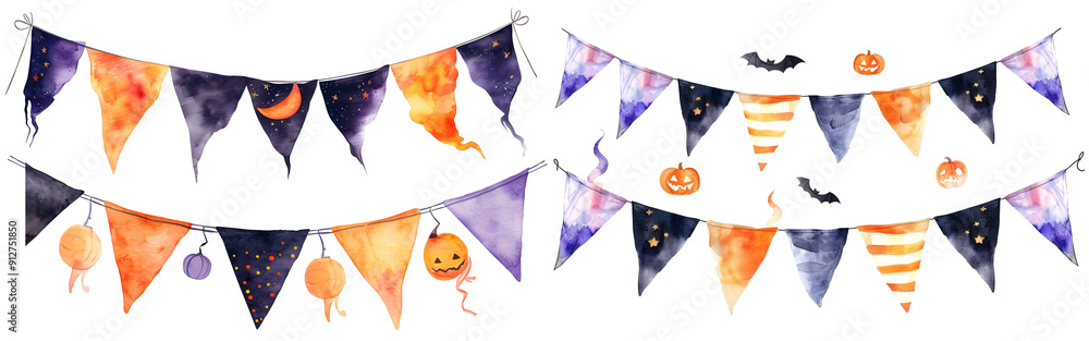 Sticker Set of isolated Halloween party flag decoration elements in cute doodle hand-drawn watercolor illustration style on transparent background, Volume 3: Black, orange and purple color tone.