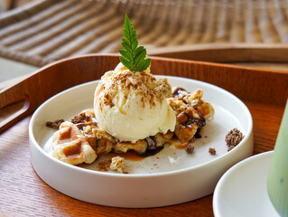 Sweet and cool waffle vanilla ice cream