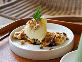 Sweet and cool waffle vanilla ice cream