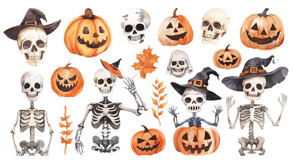 Fototapeta premium Set of isolated Halloween skeleton and skull decoration elements in cute doodle watercolor illustration style on transparent background, Volume 1: Vivid orange, white and black color tone.