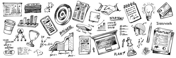 Business doodle set, vector finance teamwork strategy graphic sketch, hand drawn scribble diagram. Brainstorm mind planning, team communication, money statistics idea sign. Business doodle infographic © Oleksandra