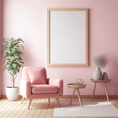 Pink Interior with Large Empty Frame Mockup in Cozy Living Room