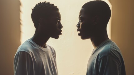 Two teenage boys face each other with intense expressions against a minimalist backdrop, capturing a moment of confrontation.