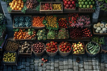 Vibrant display of fresh fruits and vegetables in a market setting, showcasing a colorful array of produce in wooden baskets.
