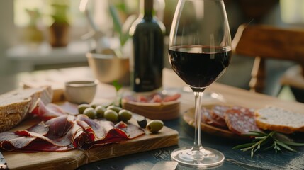 A delightful spread of charcuterie, olives, and bread complements a glass of red wine on a rustic wooden table.