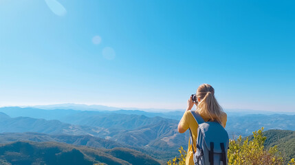 Naklejka premium Woman walking and exploring the mountain with binoculars