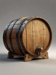 A crafted wooden barrel, with sturdy metal bands, rests atop an elegant stand.  AI generated.
