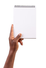 Man holding blank notebook isolated on white background	