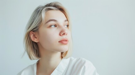 Fototapeta premium A young woman with short, blonde hair gazes off to the side, bathed in soft natural light, wearing a white shirt, against a minimalist white background.