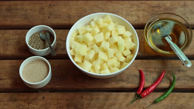 cutting potatoes, mustard oil, red and green chilly, Mustard oil, cumin, poppy seeds
