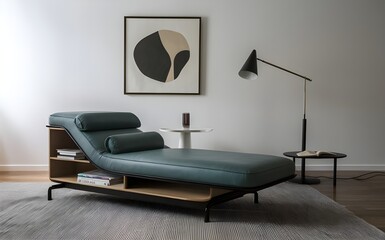 Sleek Modern Chaise Longue with Built-in Storage for Books and Magazines on White Background