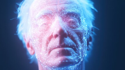 Elderly Man Merging with AI, an aged figure embodying the fusion of humanity and technology, set against a vibrant, advanced cityscape with glowing elements and sleek architecture