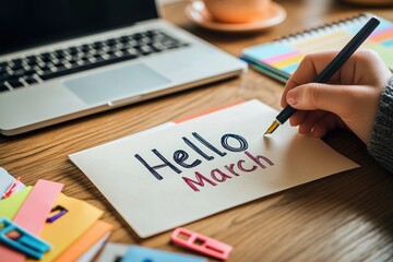 Designer writing hello march on a white card on a desk