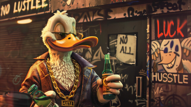 A stylish anthropomorphic duck wearing sunglasses and a gold chain, holding a soda bottle in a graffiti-covered urban alley