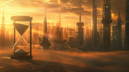 An hourglass sits on a ledge overlooking a futuristic cityscape bathed in a golden sunset, symbolizing the passage of time