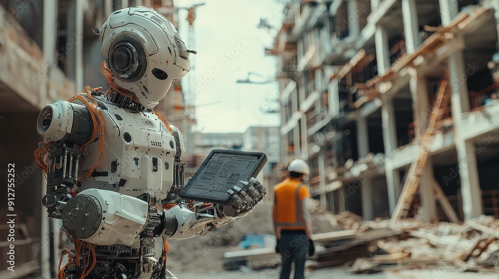 Poster humanoid robot foreman overseeing construction quality in open workspace, monitoring structural inte