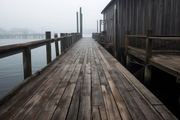 Obraz premium Weathered Wooden Dock Extending into the Misty Waters, Creating a Nostalgic Atmosphere in a Foggy Morning